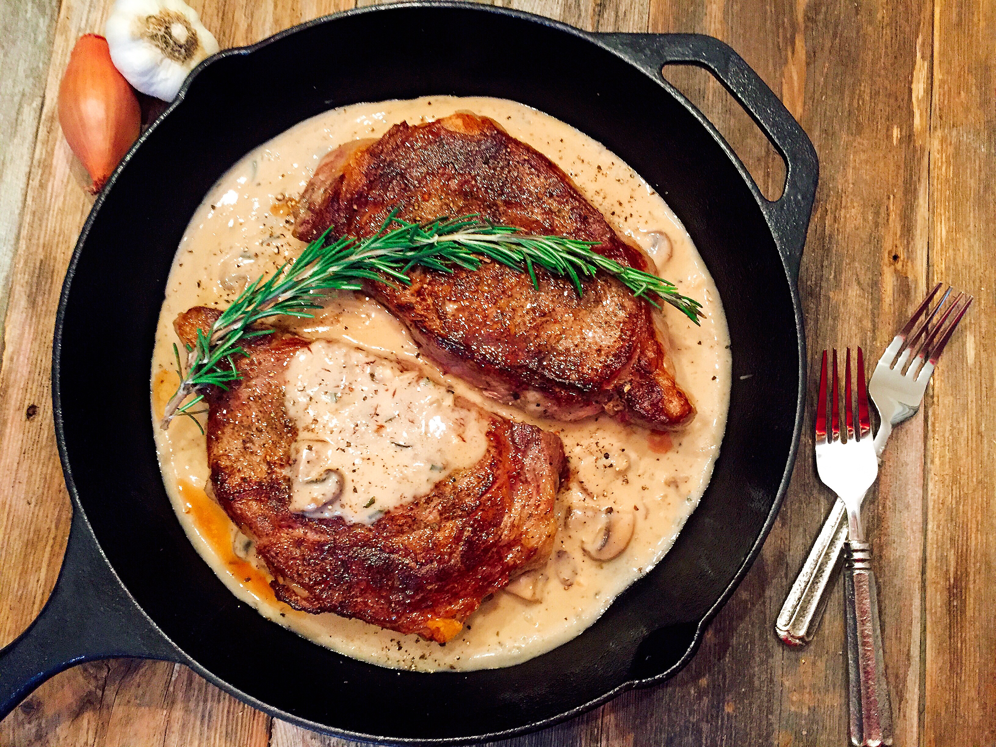 Pan Seared Rib Eye Steaks In A Brandy And Rosemary Cream Sauce A Hint Of Wine 