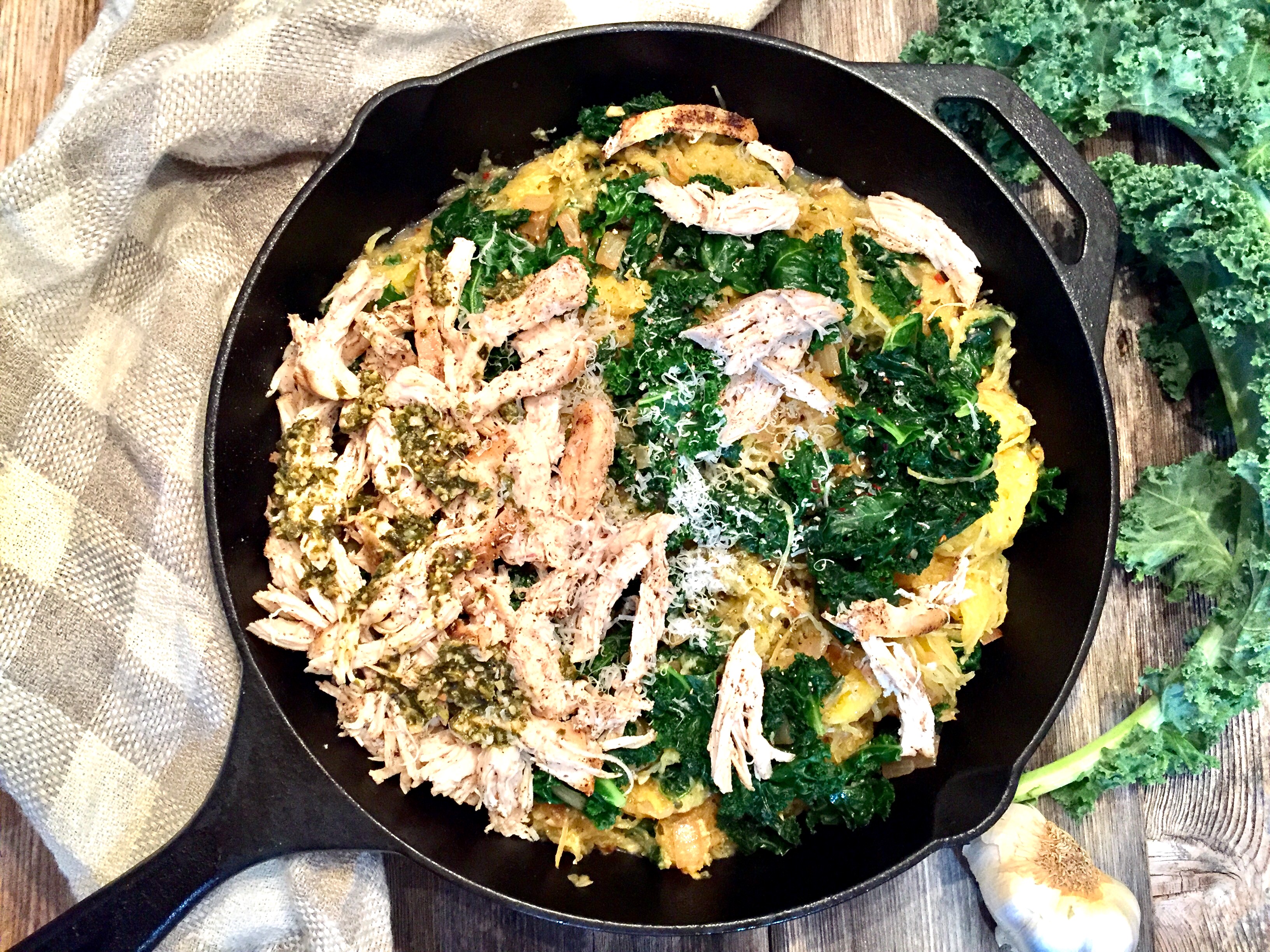 Pesto Chicken with Spaghetti Squash and Kale