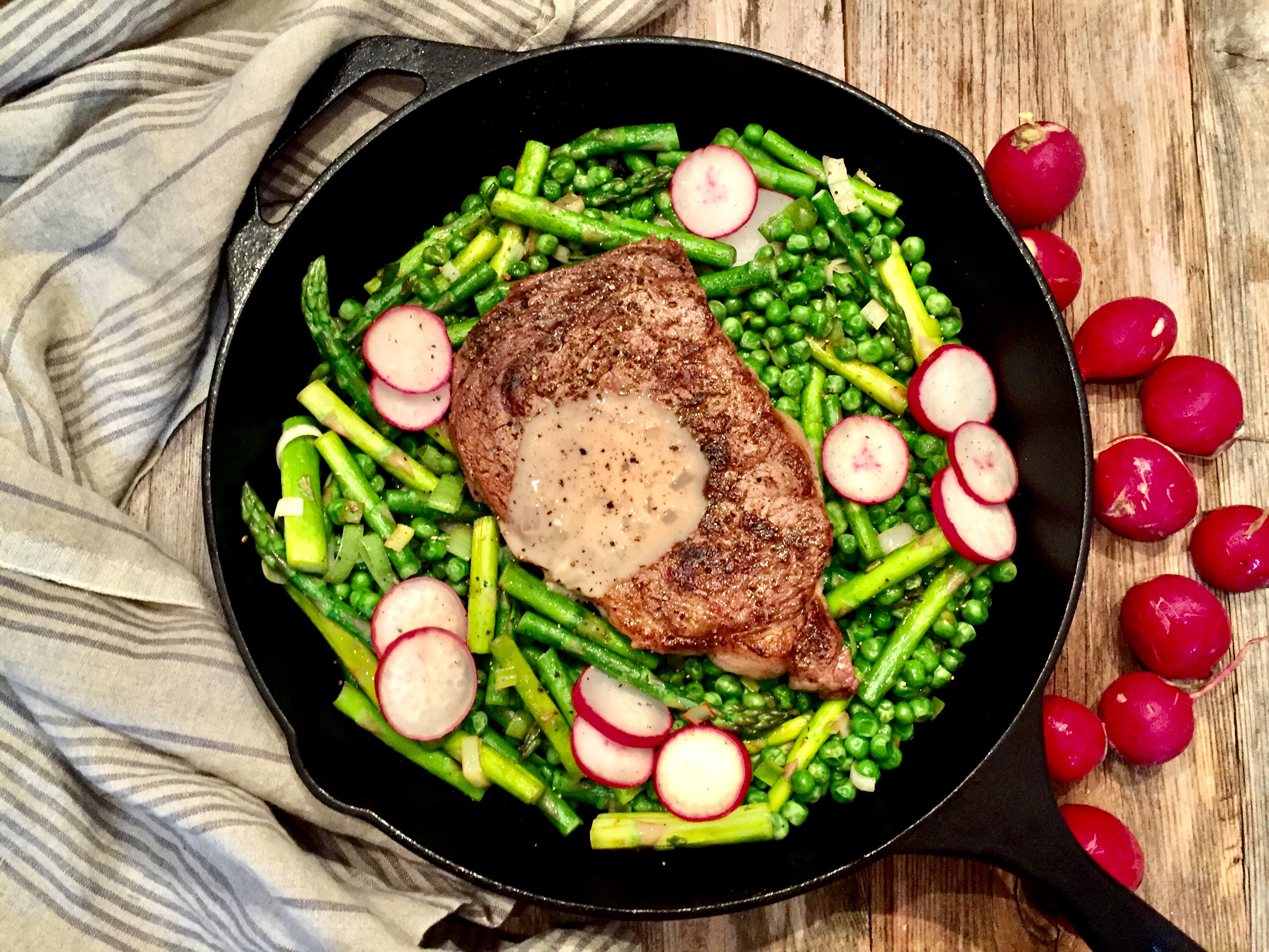 RibEye Steaks with a Mustard Cream Sauce and Spring Vegetables A