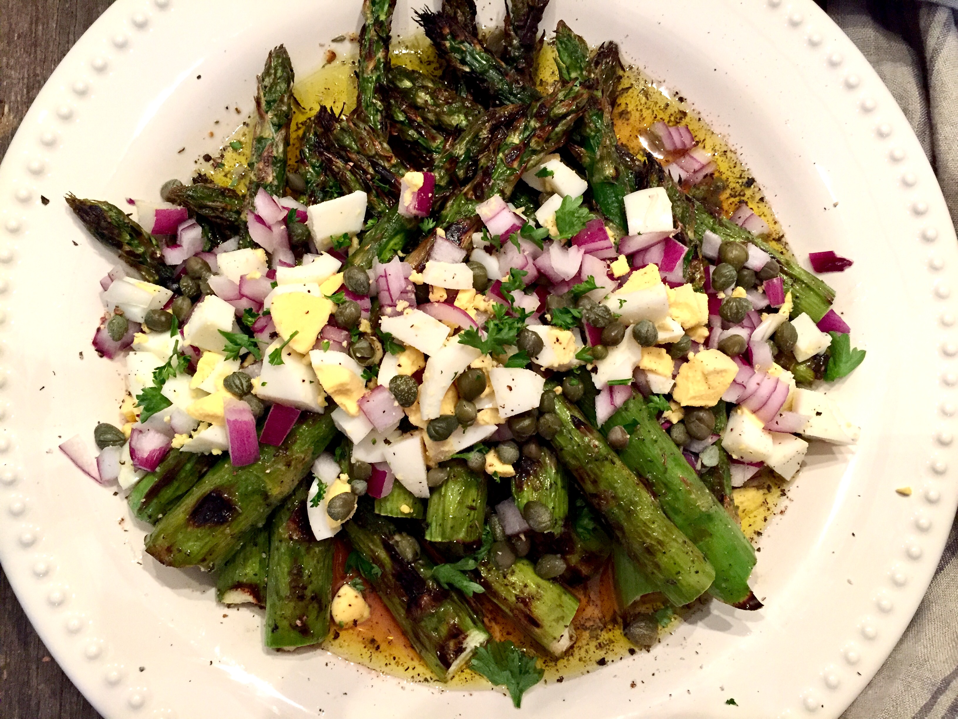 Spring Marinated Asparagus with Hard Boiled Egg, Capers, and Basil