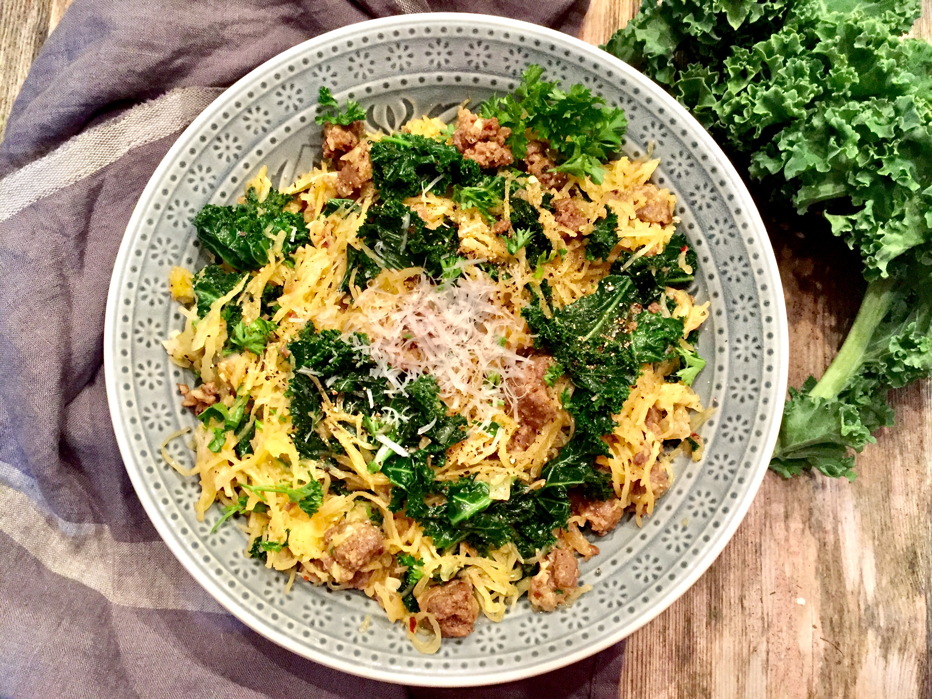 Spaghetti Squash Aglio E Olio with Sausage and Kale