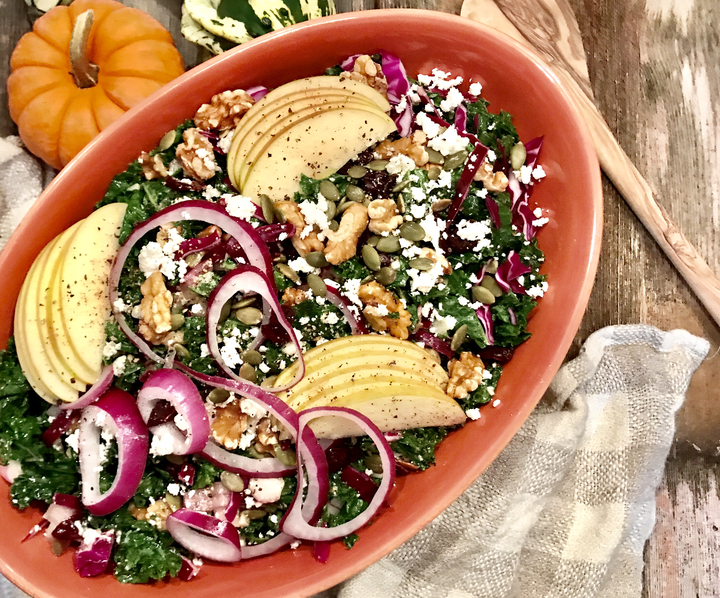 Fall Harvest Kale Salad with a Honey-Apple Cider Vinaigrette - A Hint of  Wine