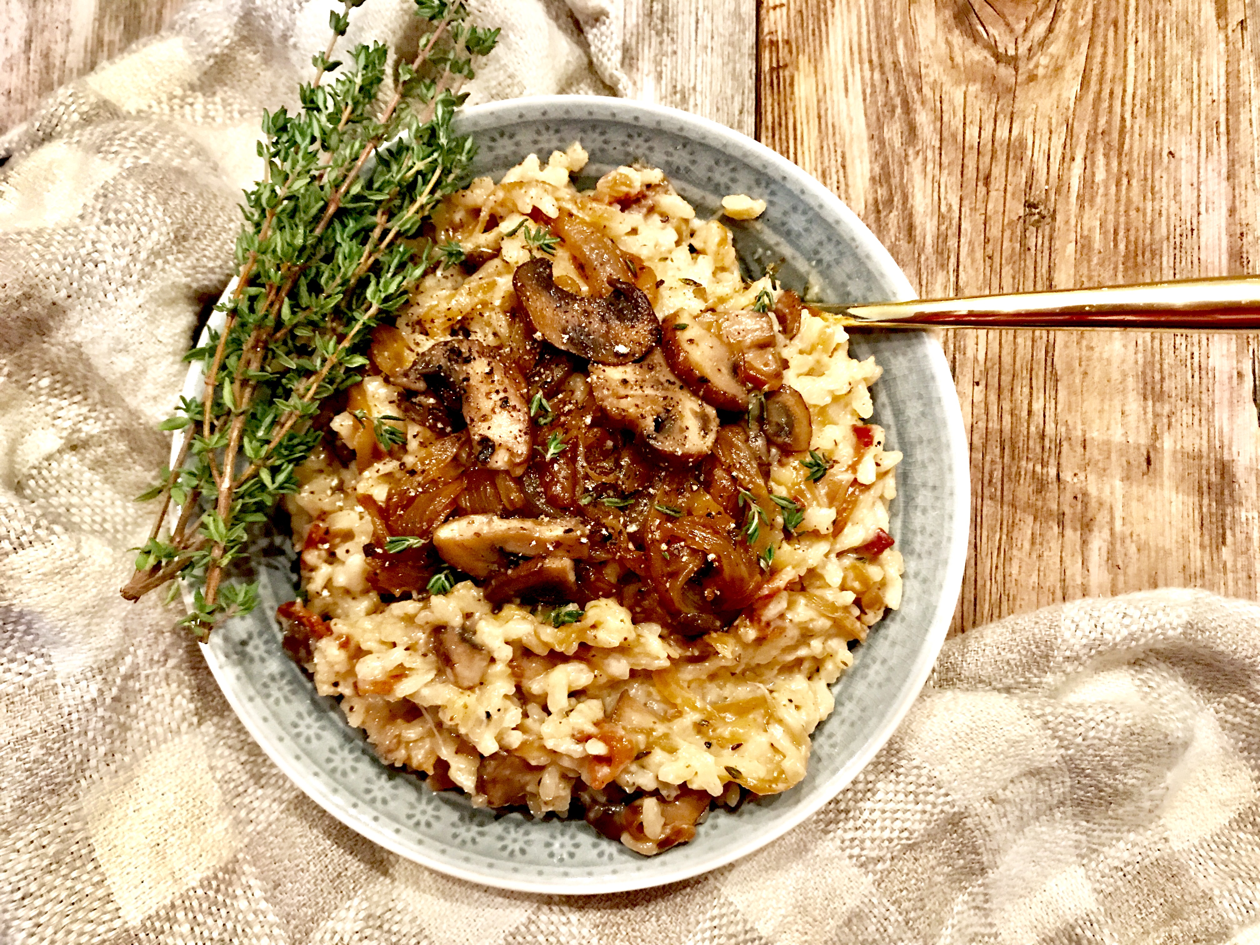 Goat Cheese Risotto with Caramelized Onions and Bacon