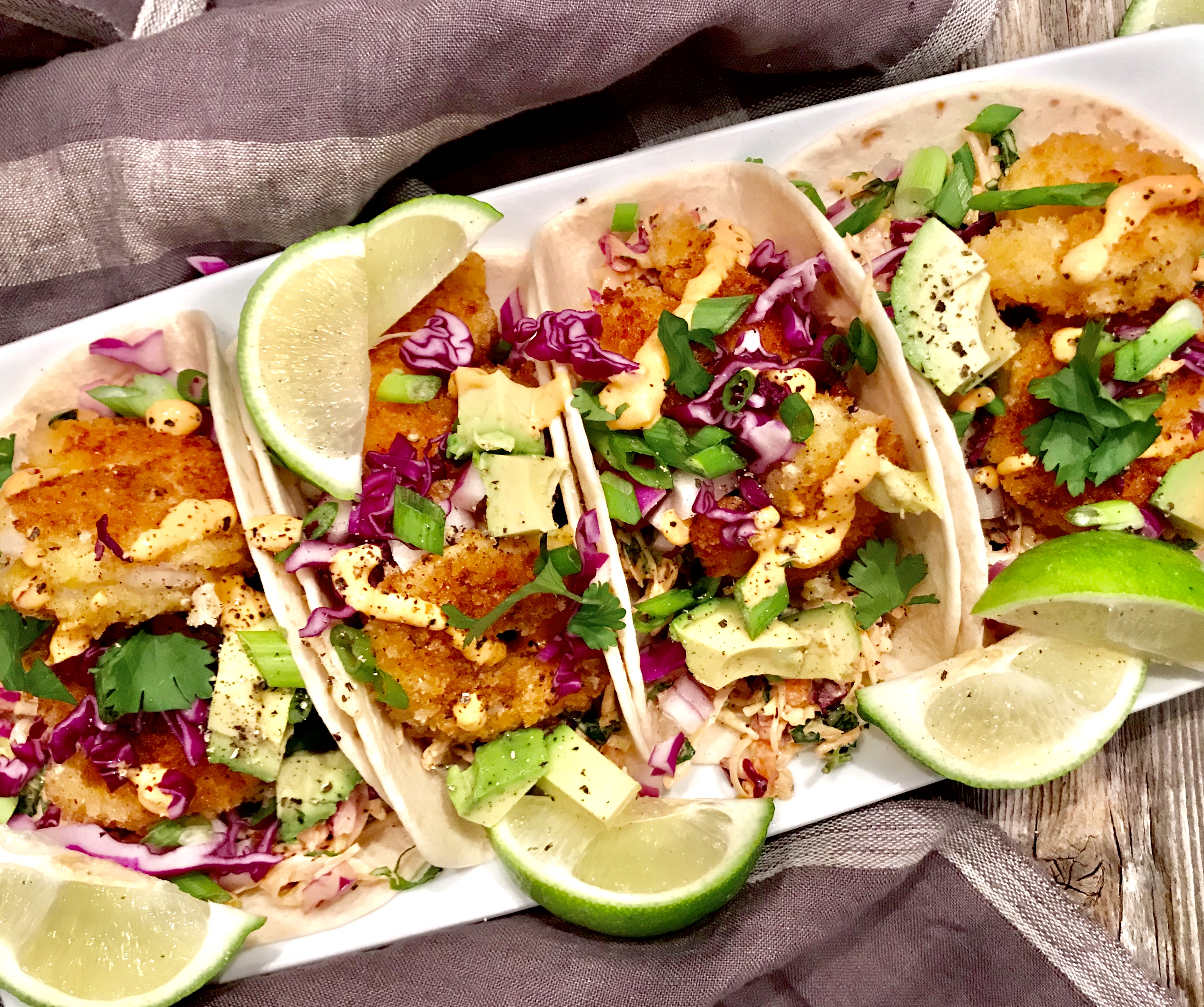 Crispy Shrimp Tacos with a Sriracha-Chili Aioli