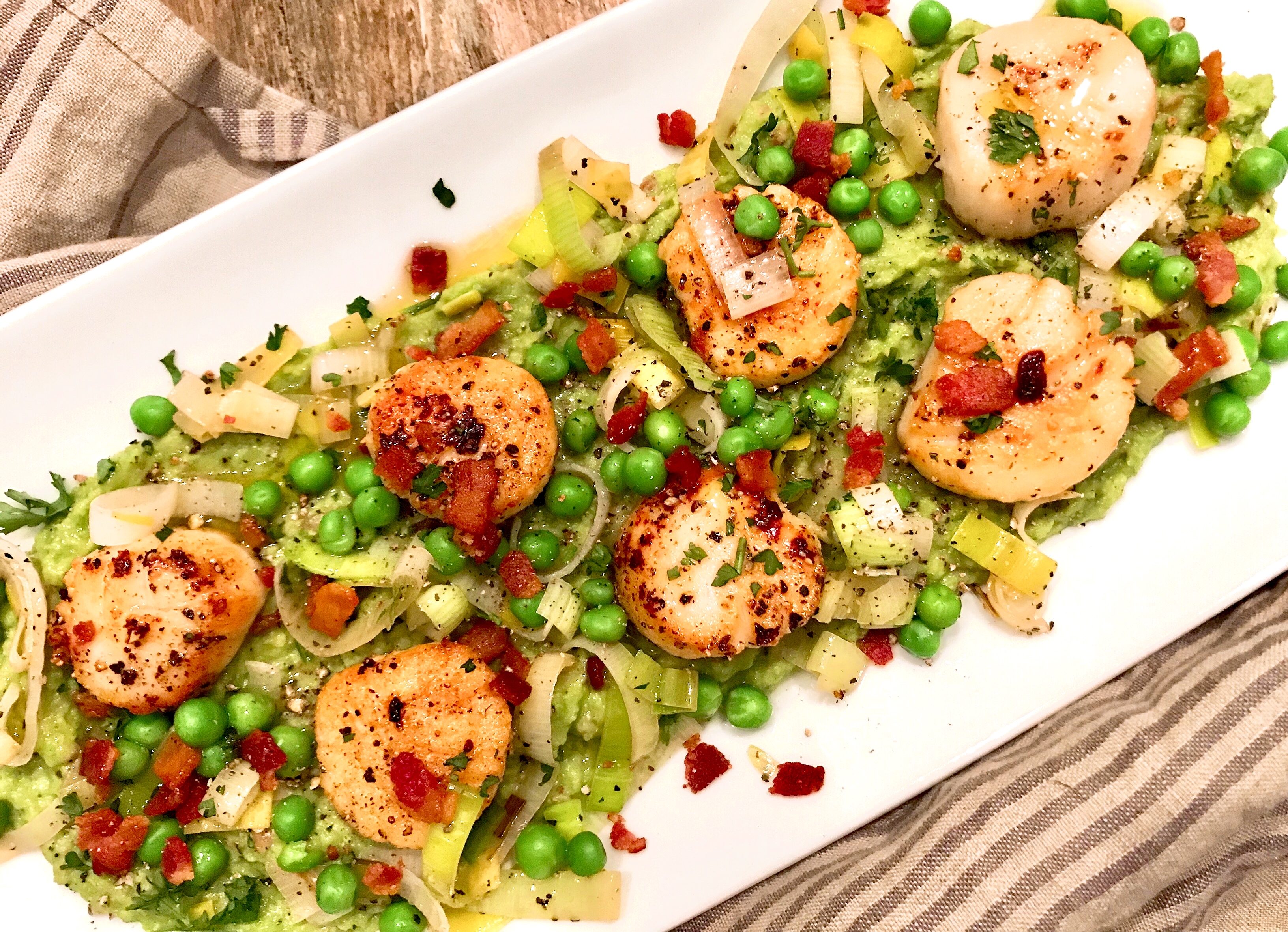 Seared Sea Scallops with a Bacon, Leek, and Pea Puree