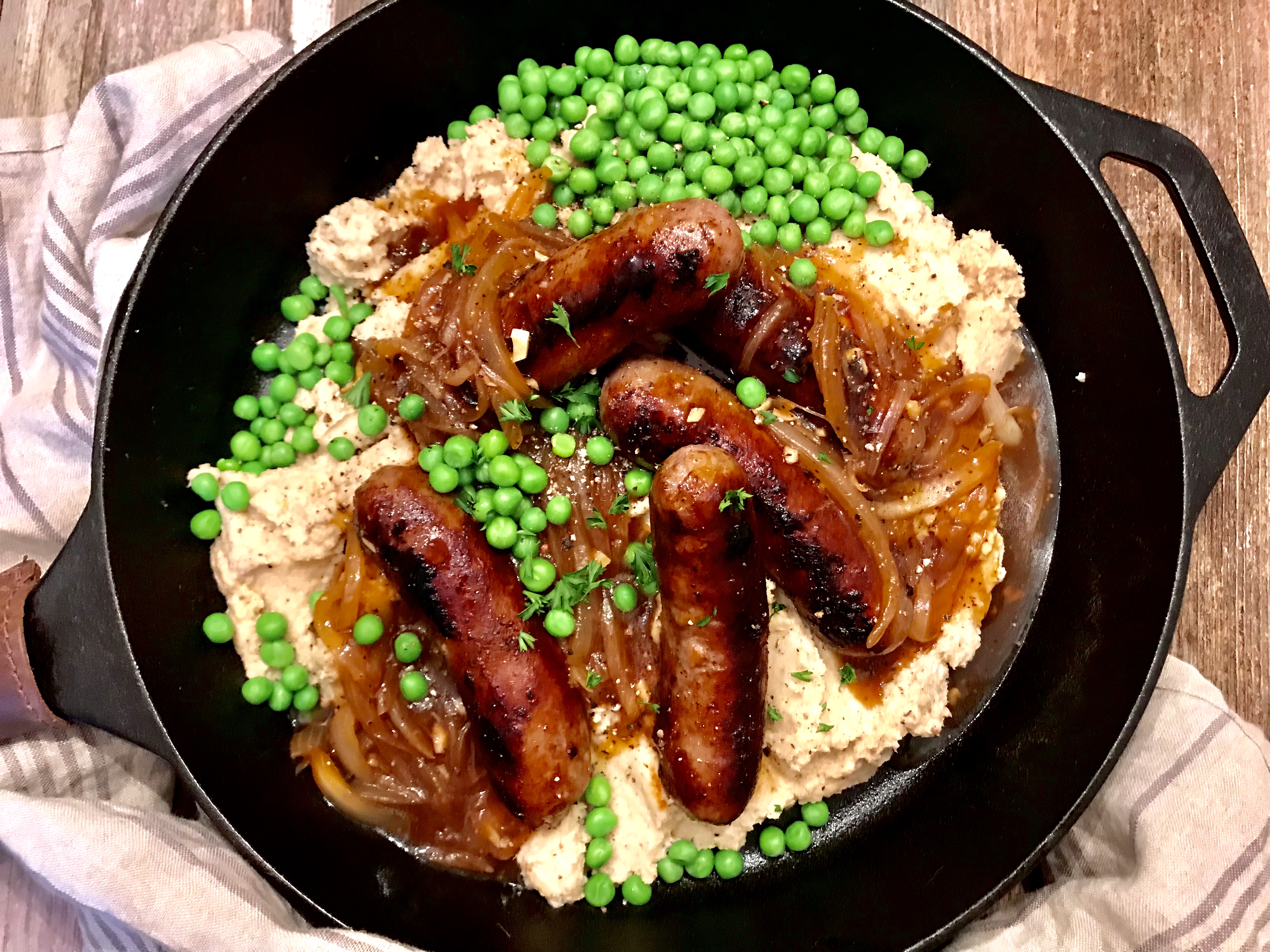 Bangers and [Cauliflower] Mash with a Stout-Onion Gravy