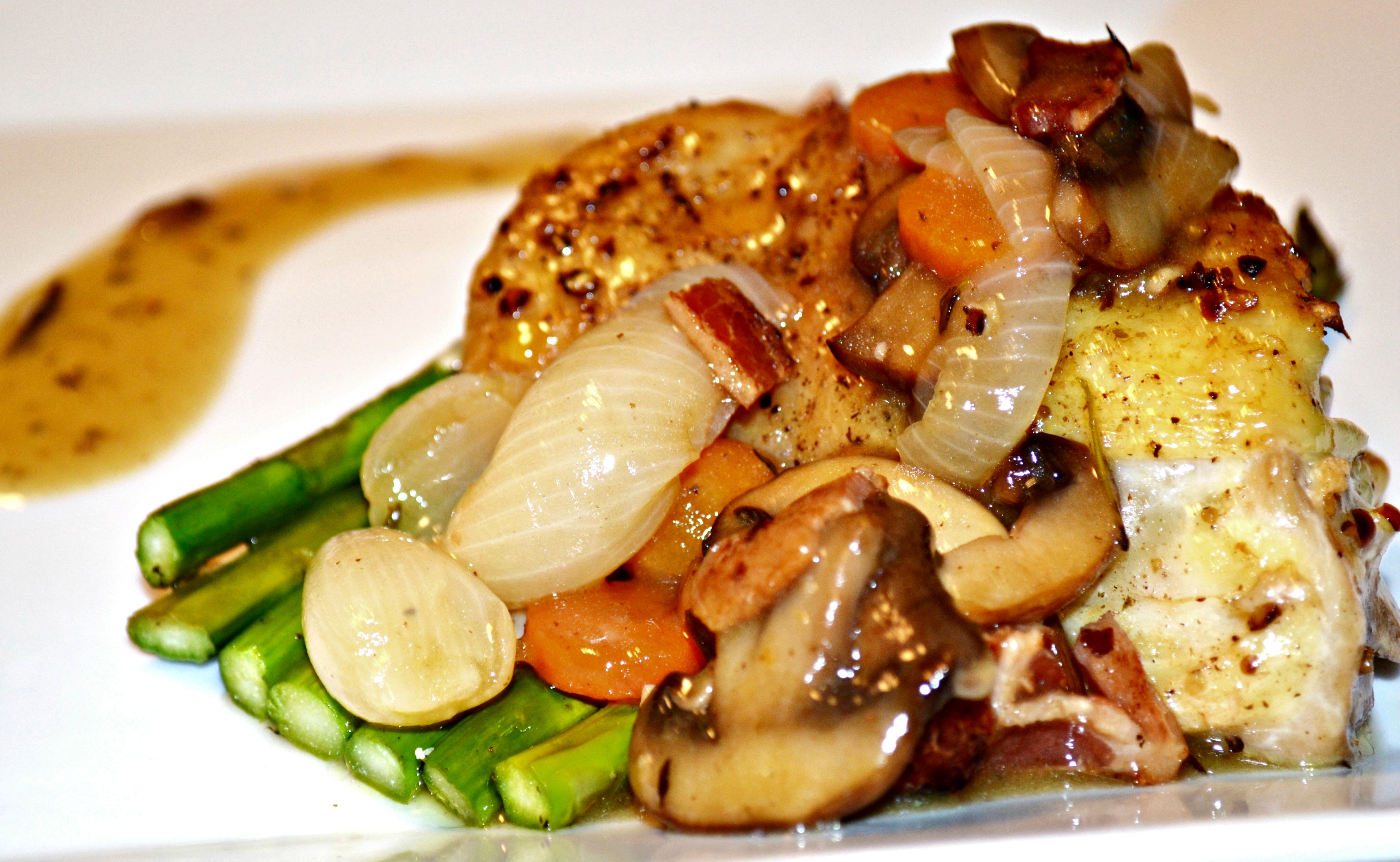 Braised Chicken Thighs with White Wine, Cipolline Onions and Mushrooms