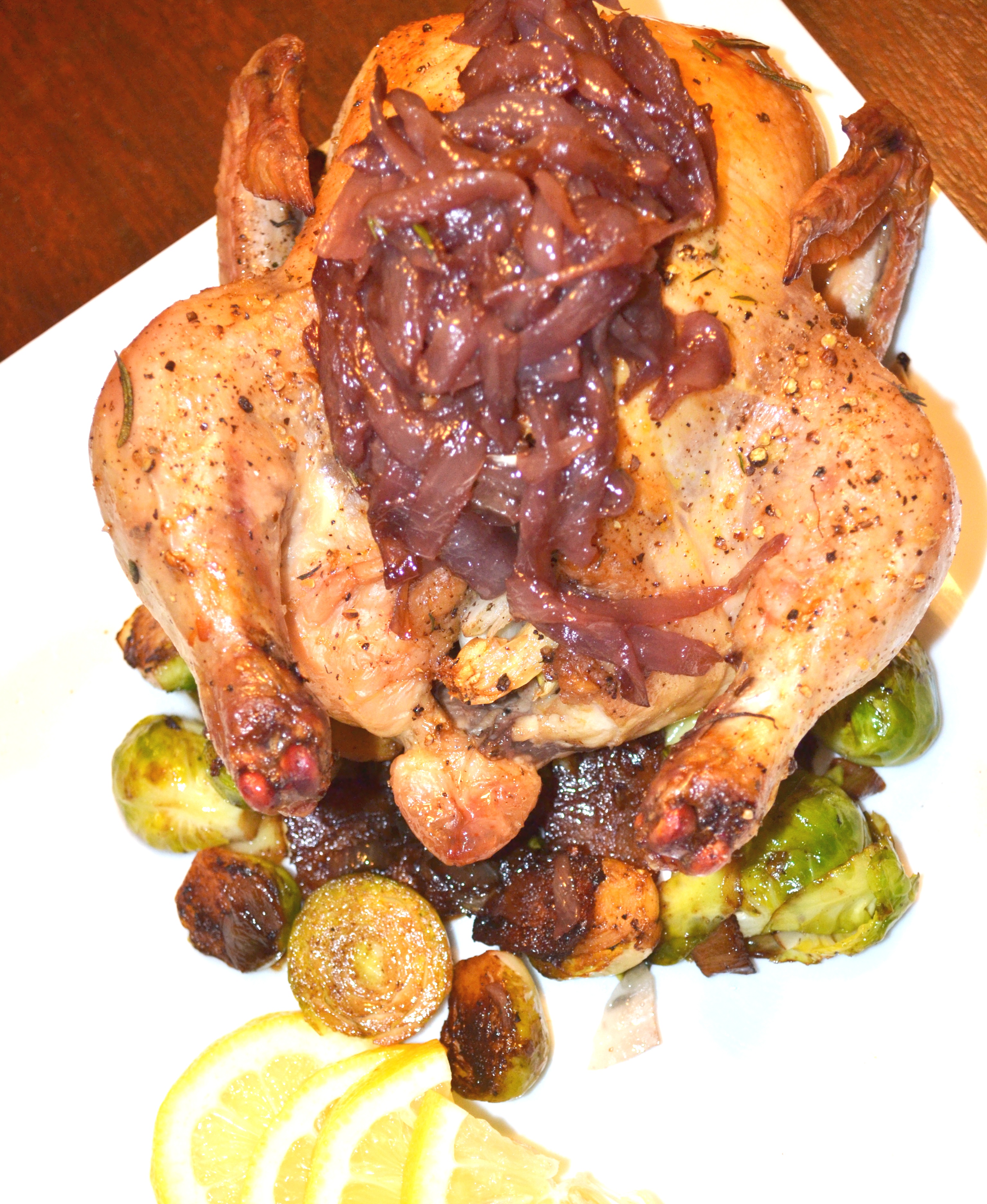 Roasted Cornish Game Hens with a Red Wine Onion Compote