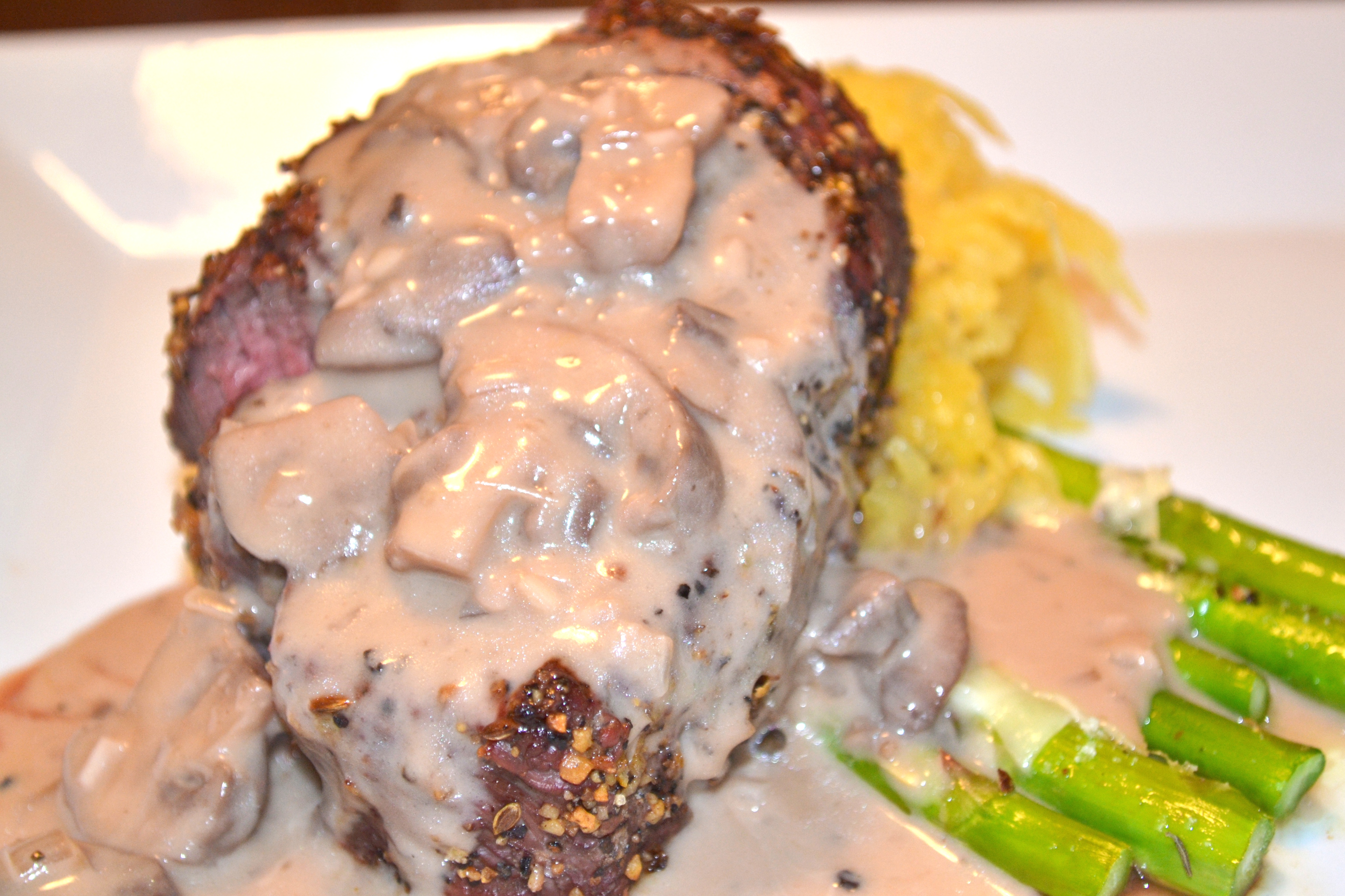 Grilled Filet Mignon with a Brandy-Red Wine Mushroom Sauce