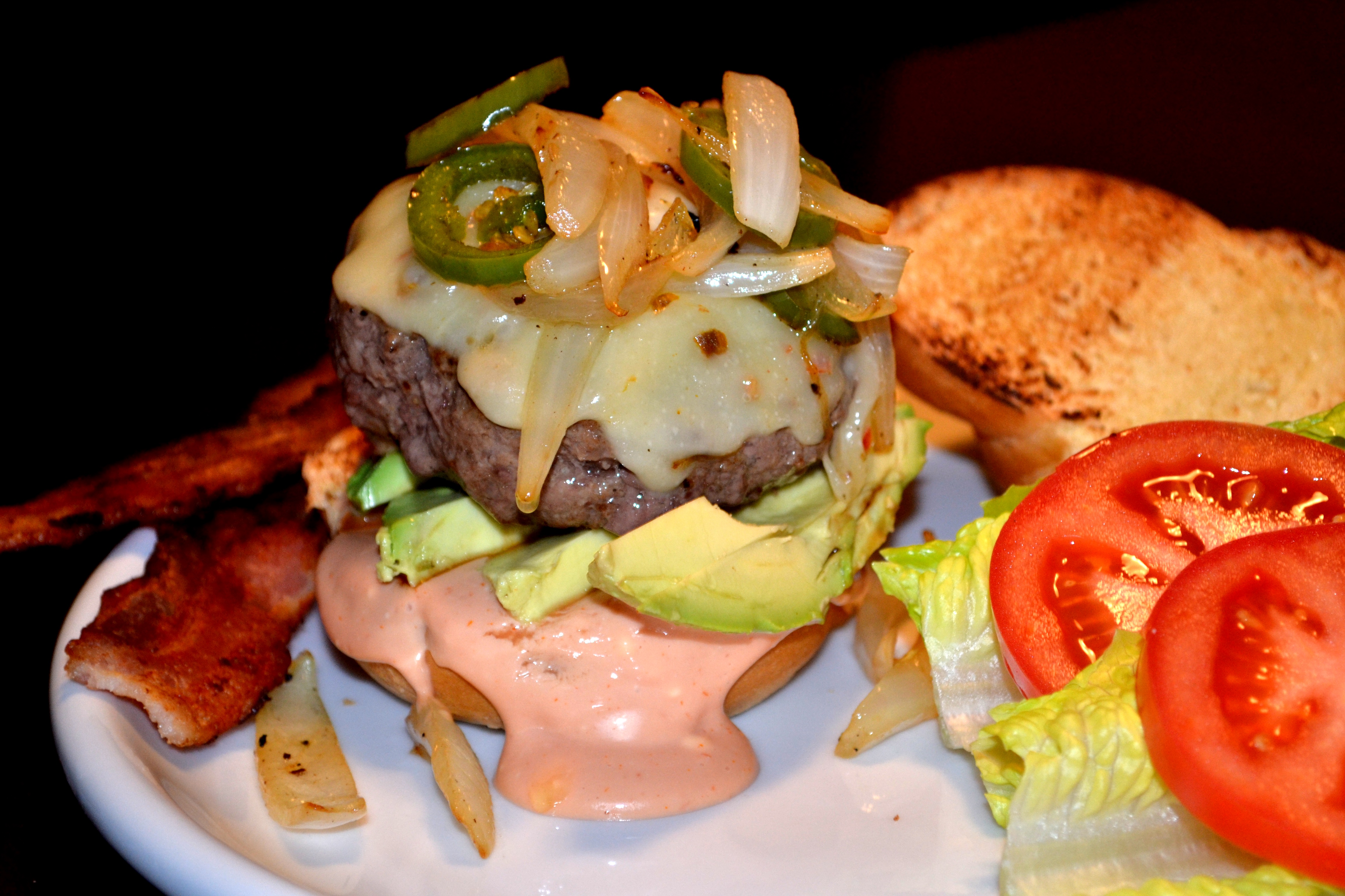 Jalapeno & Onion White Cheddar Burgers with Bacon & Avocado