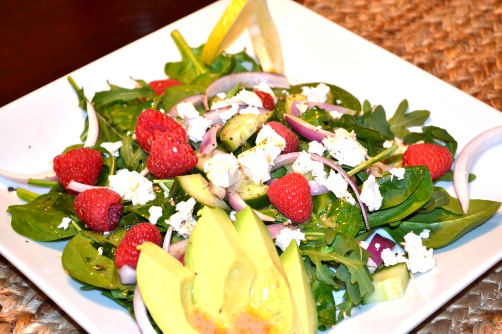 Spinach and Arugula Salad with Raspberries, Avocado with a Red Wine-Dijon Vinaigrette