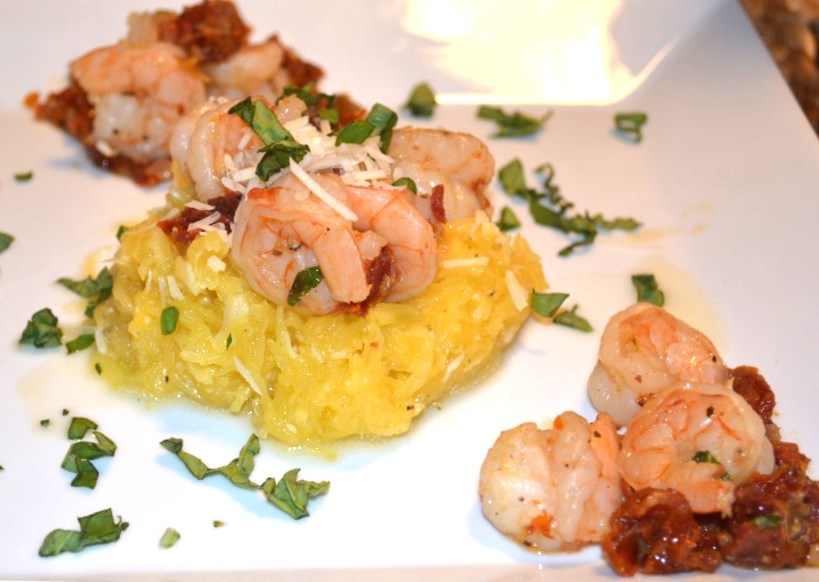 White Wine Drenched Shrimp with Sun Dried Tomatoes and Spaghetti Squash
