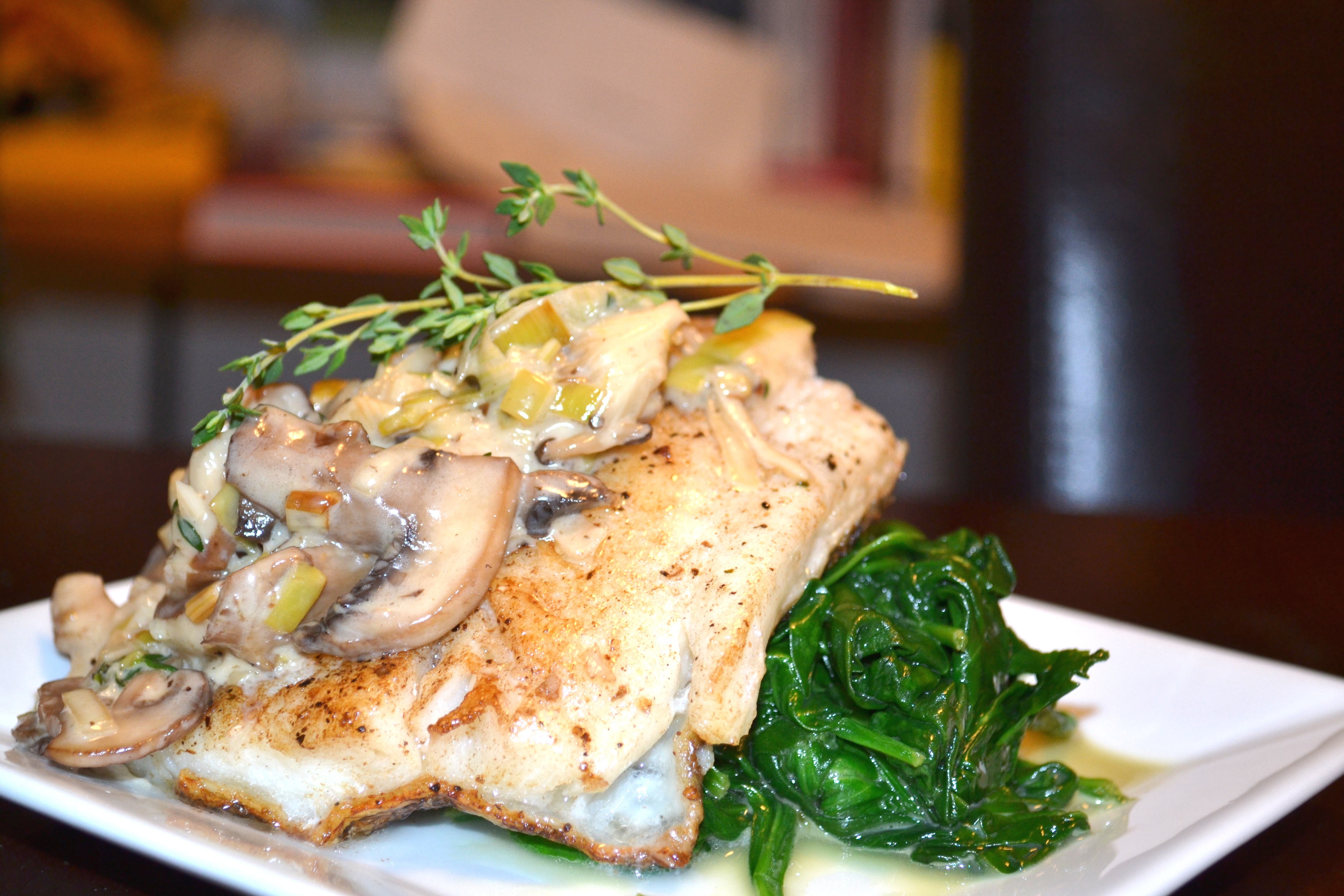 Chilean Sea Bass with Brandy Creamed Leeks and Mushrooms