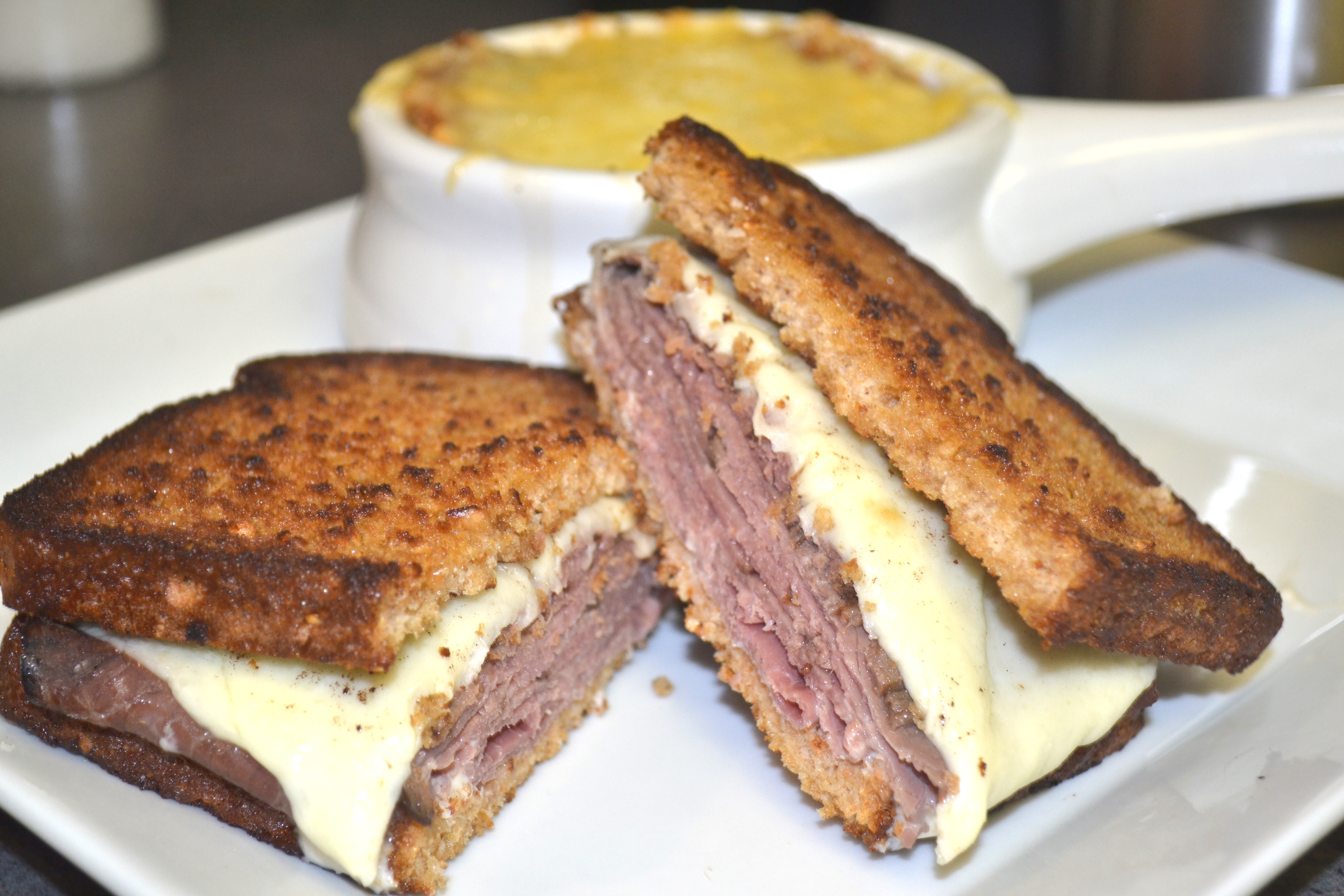 Toasted Roast Beef Sandwiches with Creamy Horseradish Sauce and Melted Provolone Cheese