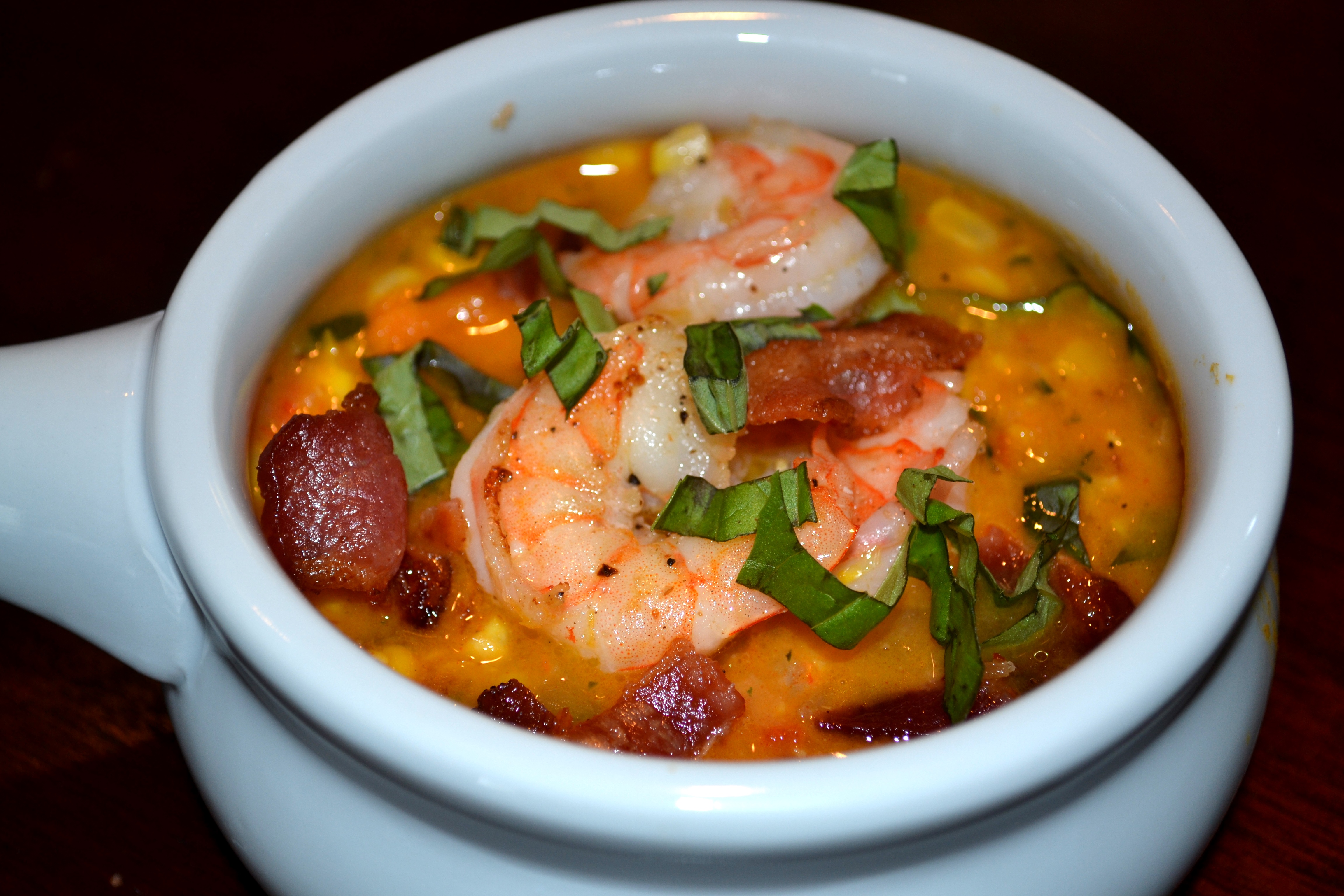 Smoky Corn Chowder with Sweet Potatoes, Shrimp and Applewood Bacon