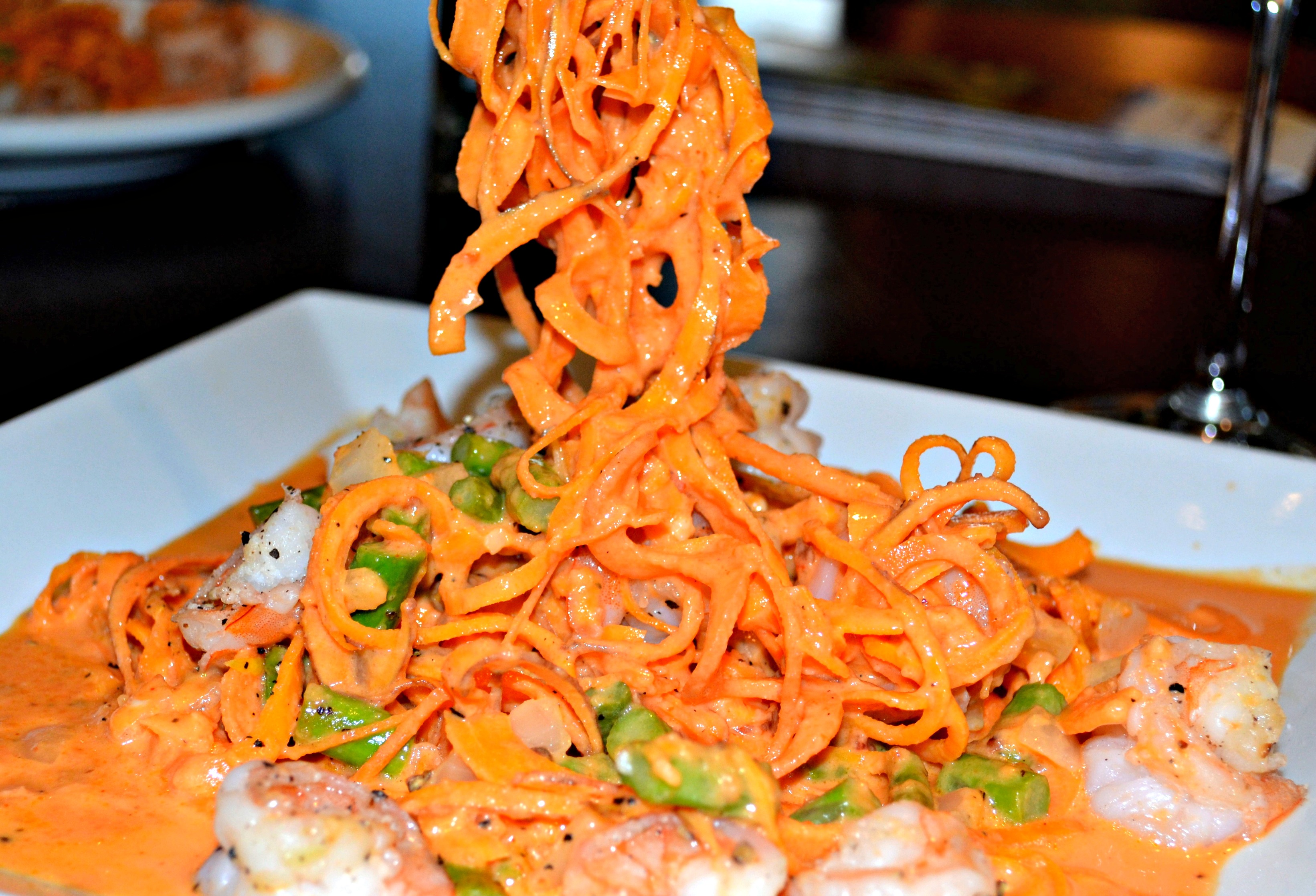 Sweet Potato “Spaghetti” with Sauteed Shrimp and a Roasted Red Pepper Cream Sauce