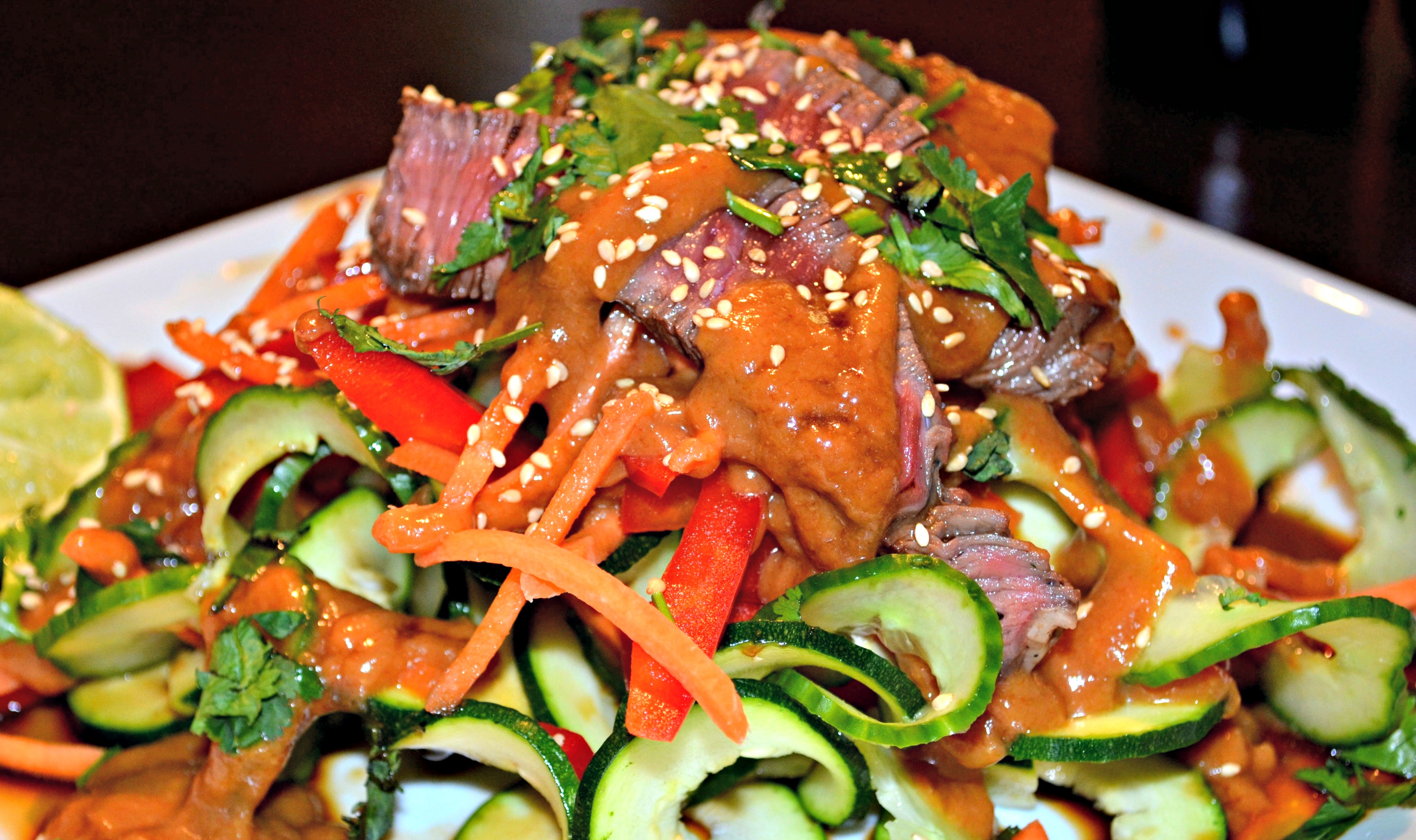 Raw Asian Vegetable Salad with Grilled Marinated Steak