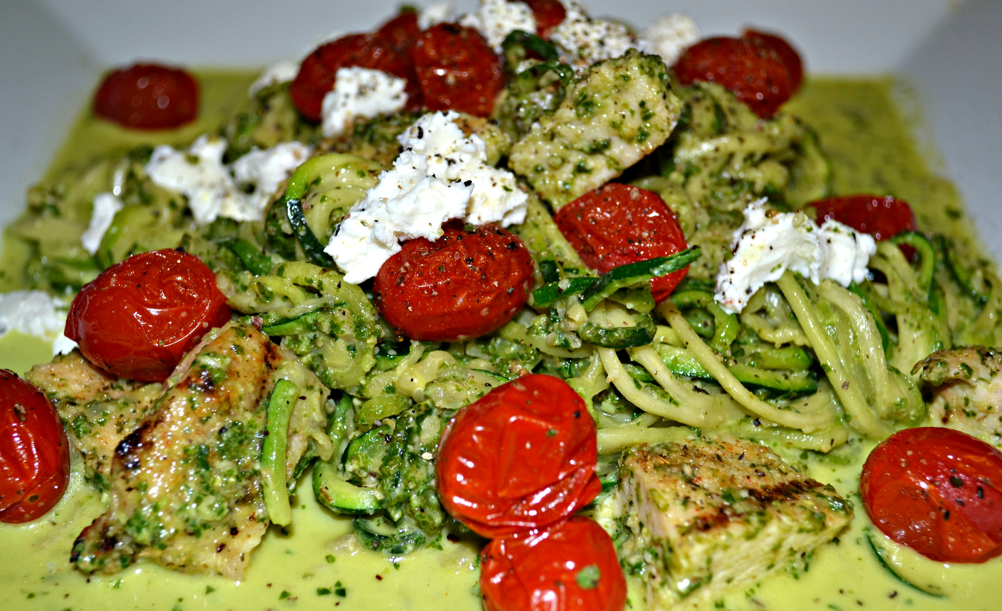 Basil Pesto and Goat Cheese “Pasta” with Grilled Chicken and Roasted Tomatoes