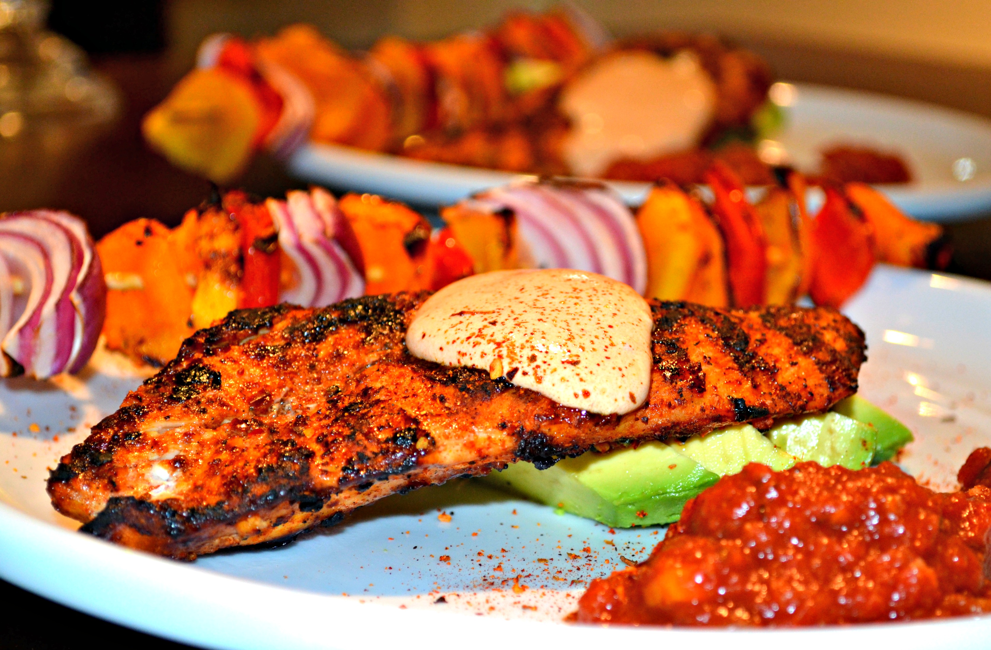 Southwest Grilled Chicken with Avocado, Chipotle Crema and Vegetable Kebabs