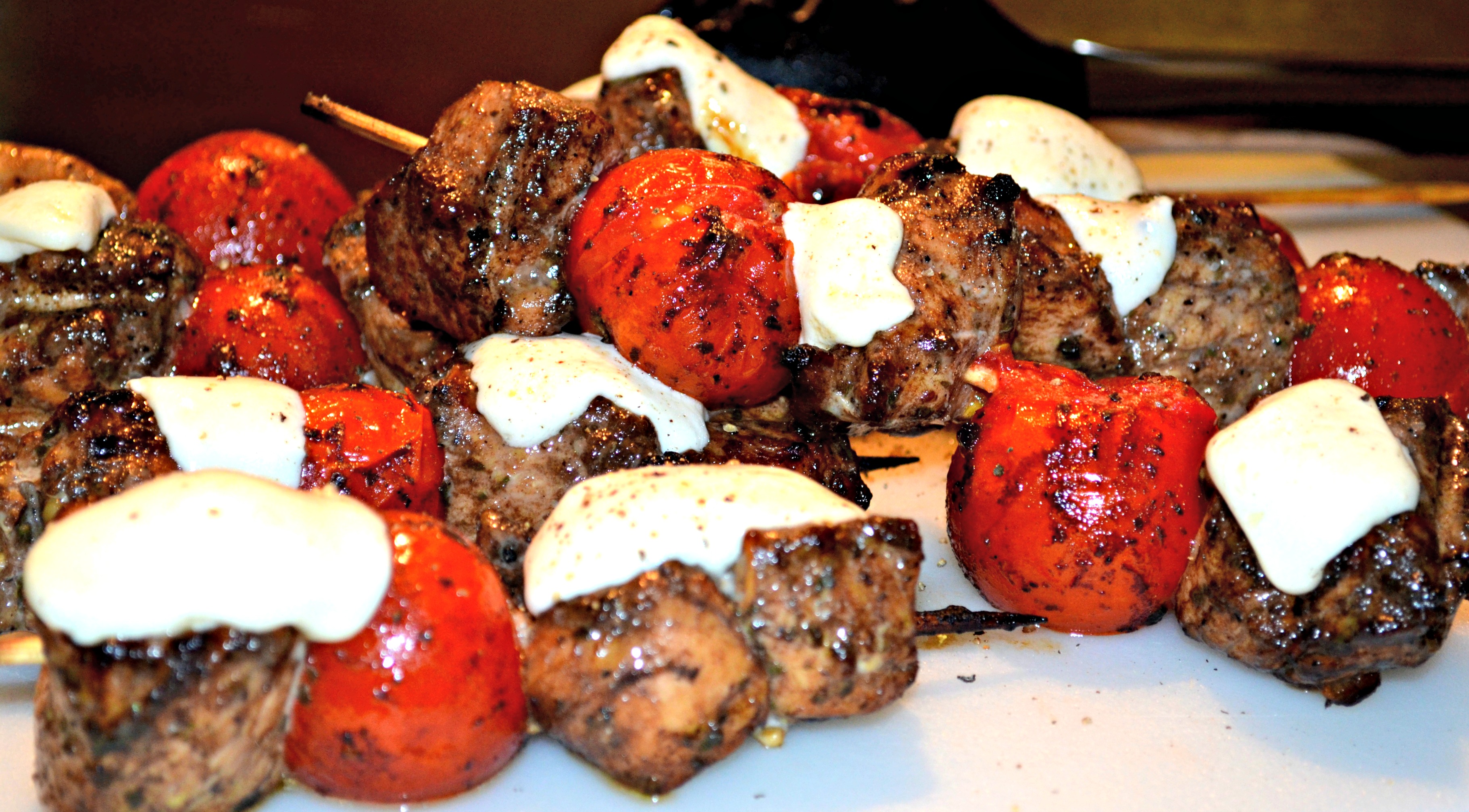 Basil Pesto and Smoked Balsamic Chicken Skewers with Melted Mozzarella Cheese