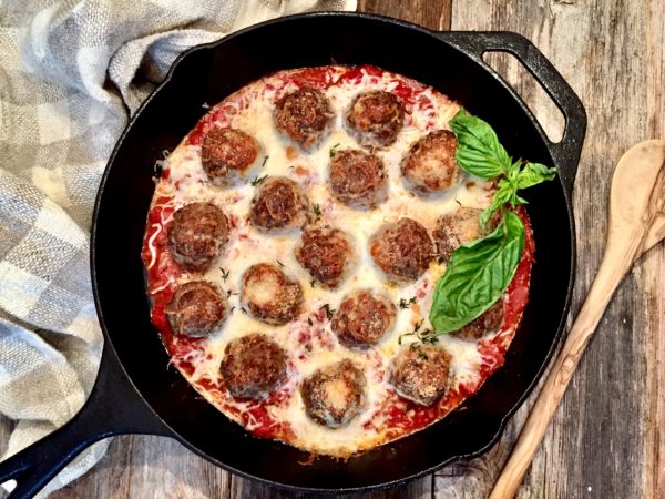 Cheesy Meatball Skillet with a Spicy Tomato Sauce