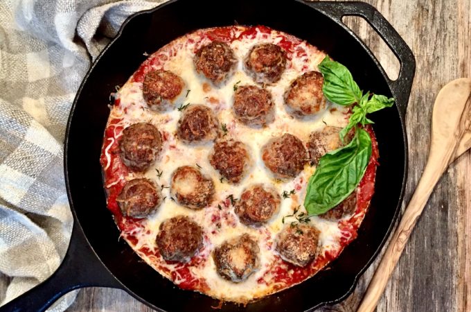 Cheesy Meatball Skillet in a Spicy Tomato Sauce