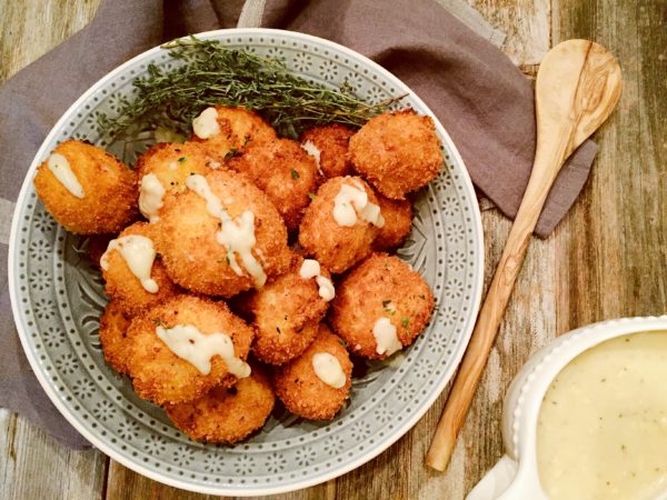 Smoked Ham and White Cheddar Fritters with a Mustard-Cheese Sauce