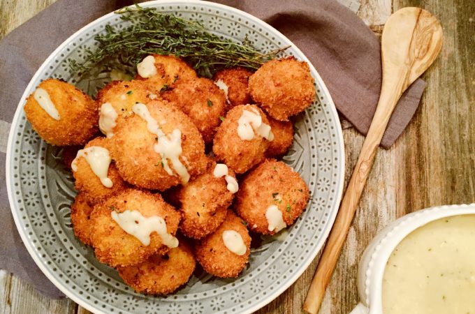 Smoked Ham and White Cheddar Fritters with a Mustard-Cheese Sauce