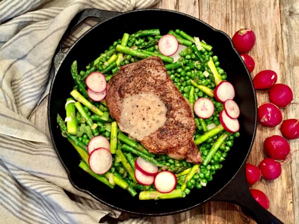 Rib-Eye Steaks with a Mustard Cream Sauce and Spring Vegetables