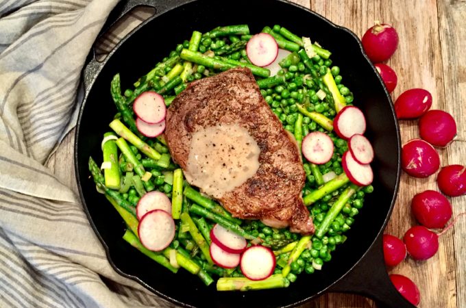 Rib-Eye Steaks with a Mustard Cream Sauce and Spring Vegetables