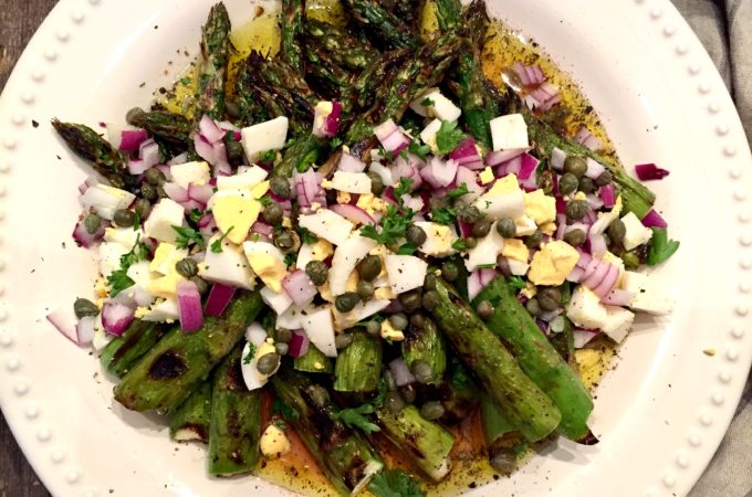 Spring Marinated Asparagus with Hard Boiled Egg, Capers, and Basil
