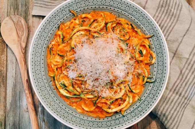 Zucchini Noodles with a Roasted Red Pepper Cream Sauce