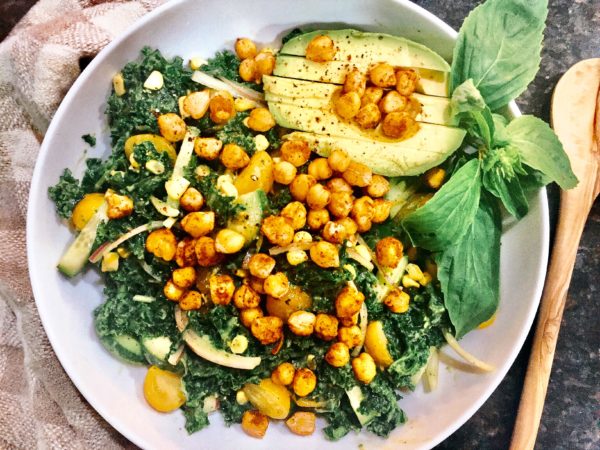 Kale and Crispy Chickpea Salad in a Creamy Basil Dressing