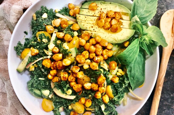 Kale and Crispy Chickpea Salad with a Creamy Basil Dressing