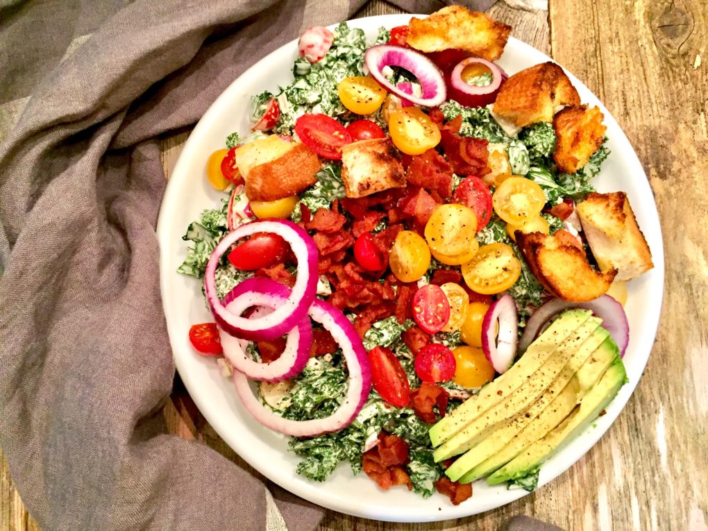 Summer BLT Kale Salad with Garlic Croutons & Creamy Ranch - A Hint of Wine