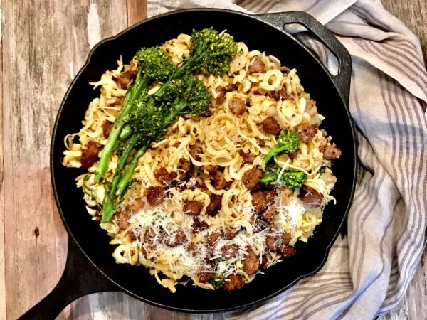 Parsnip Noodles with Hot Italian Sausage and Broccolini