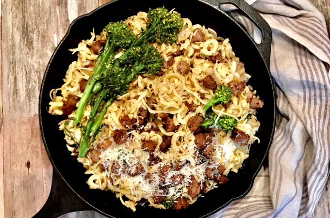 Parsnip Noodles with Hot Italian Sausage and Broccolini