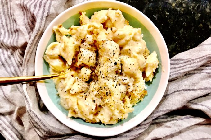 Creamy Three-Cheese Macaroni with a Parmesan-Bread Crumb Topping