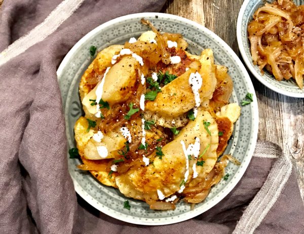 Bacon and Cheddar Pierogis with Caramelized Onions
