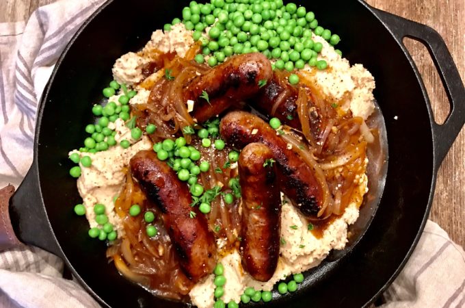Bangers and [Cauliflower] Mash with a Stout-Onion Gravy